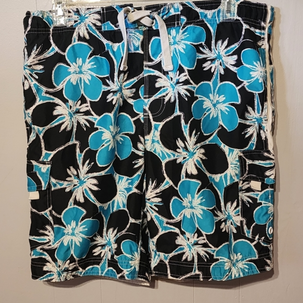 Wave Zone Swim Trunks Beach Blue Black White Tropical‎ Medium 32 - 34 A393
